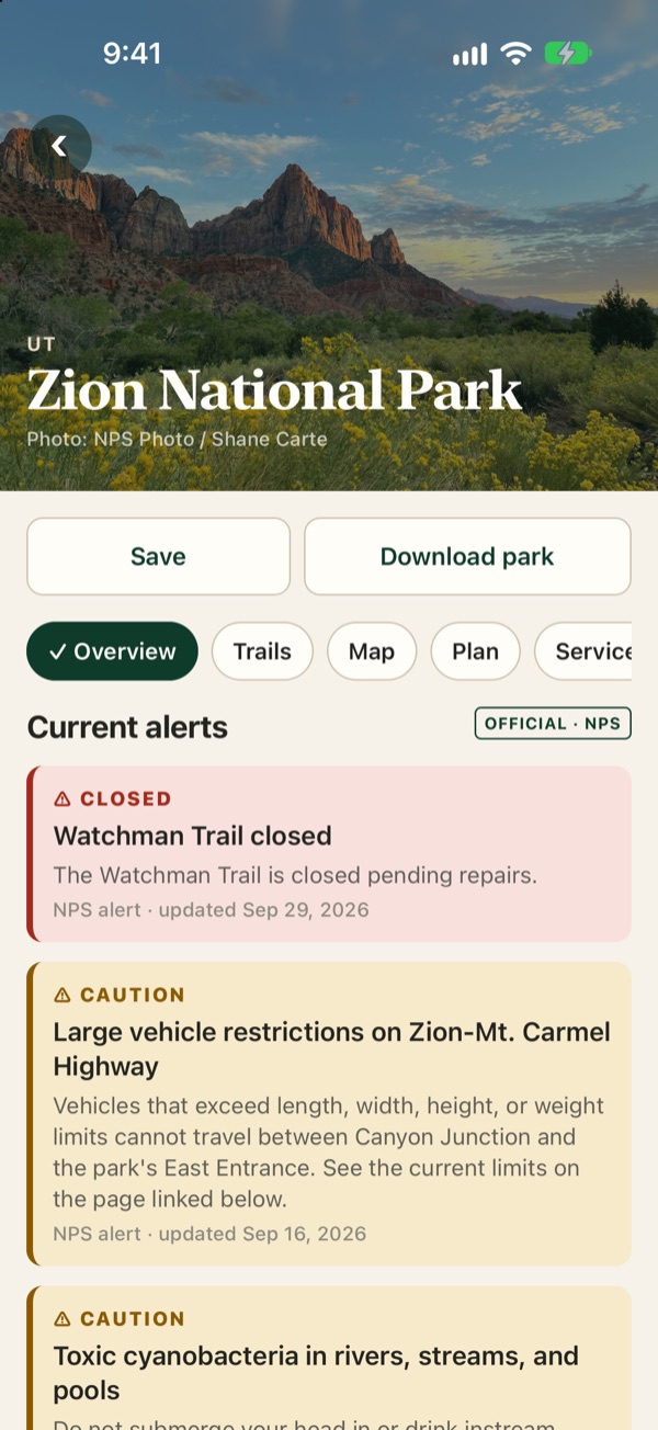 Zion National Park in Scout, with live NPS alerts