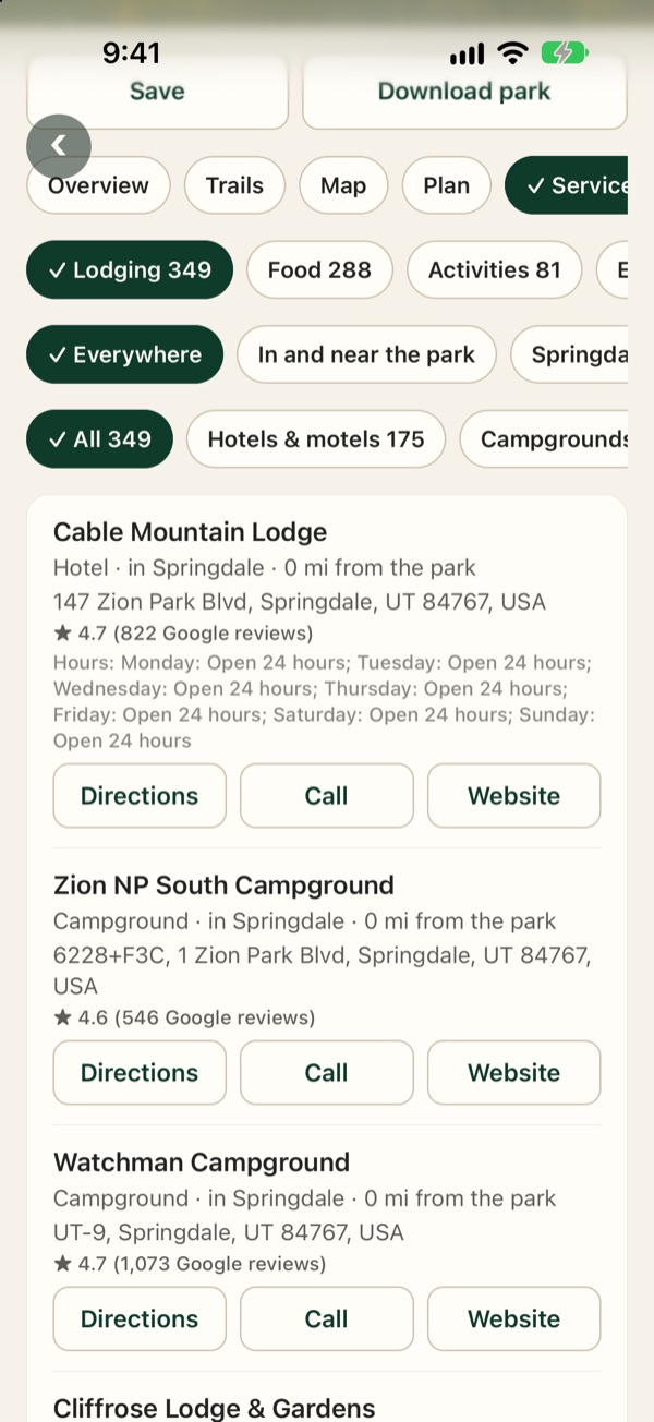 Lodging, food and activities near a park