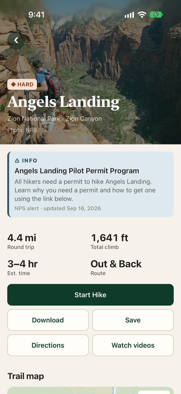 A trail page with distance, climb and elevation profile